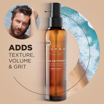 Six ounce bottle of CHI Pour Homme sea salt spray for natural matte hairstyles