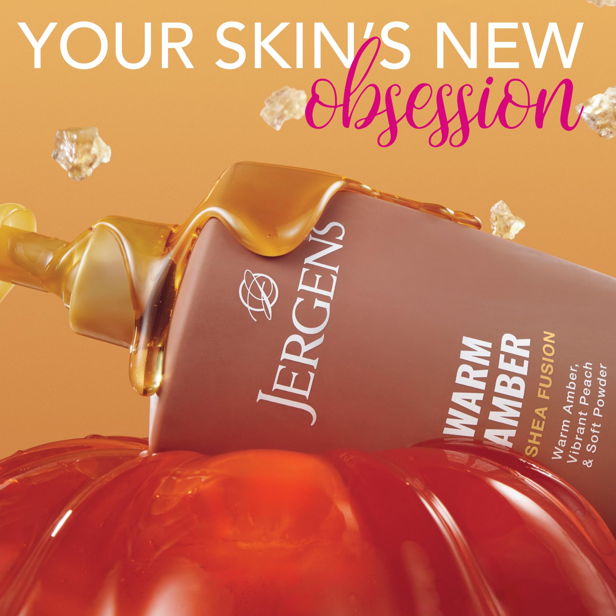 Back label of Jergens Shea Fusion Warm Amber moisturizer showing usage instructions and product details.