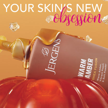 Back label of Jergens Shea Fusion Warm Amber moisturizer showing usage instructions and product details.