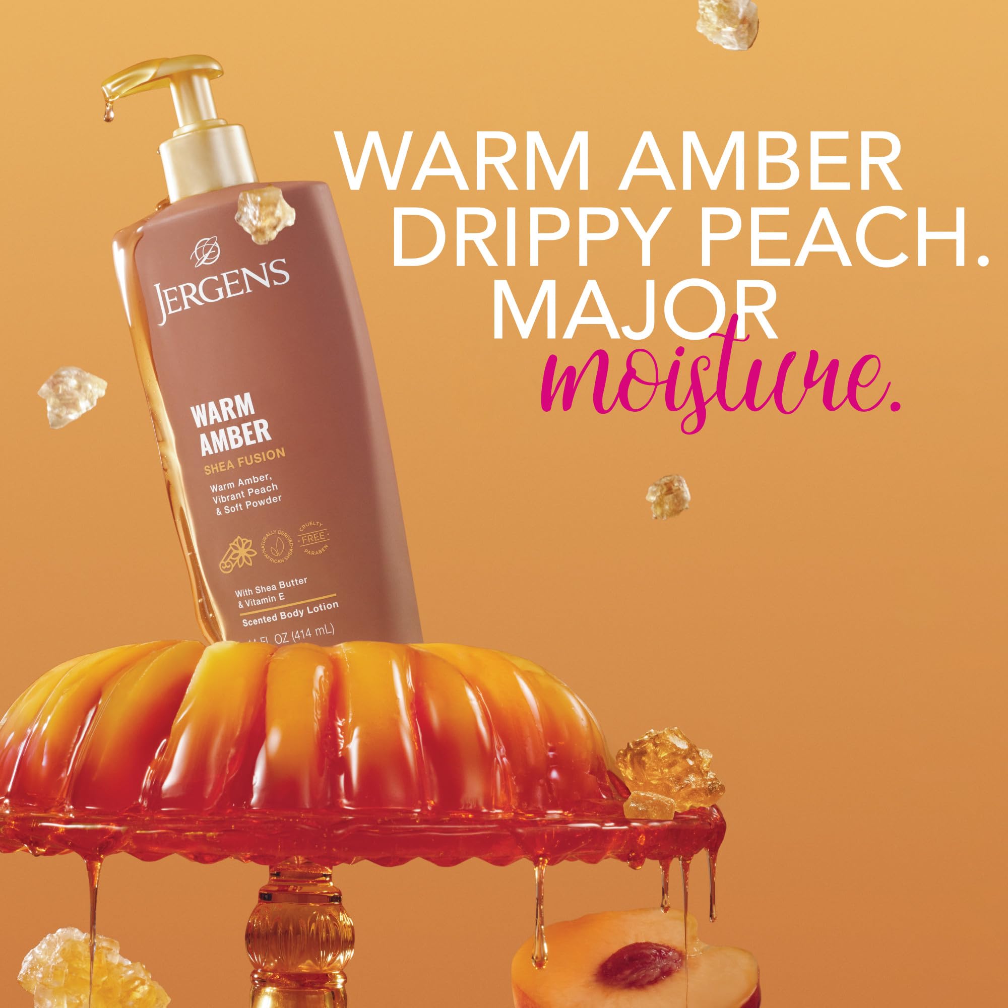 Close up of the pump dispenser on the fourteen fluid ounce Jergens Amber scented lotion bottle.