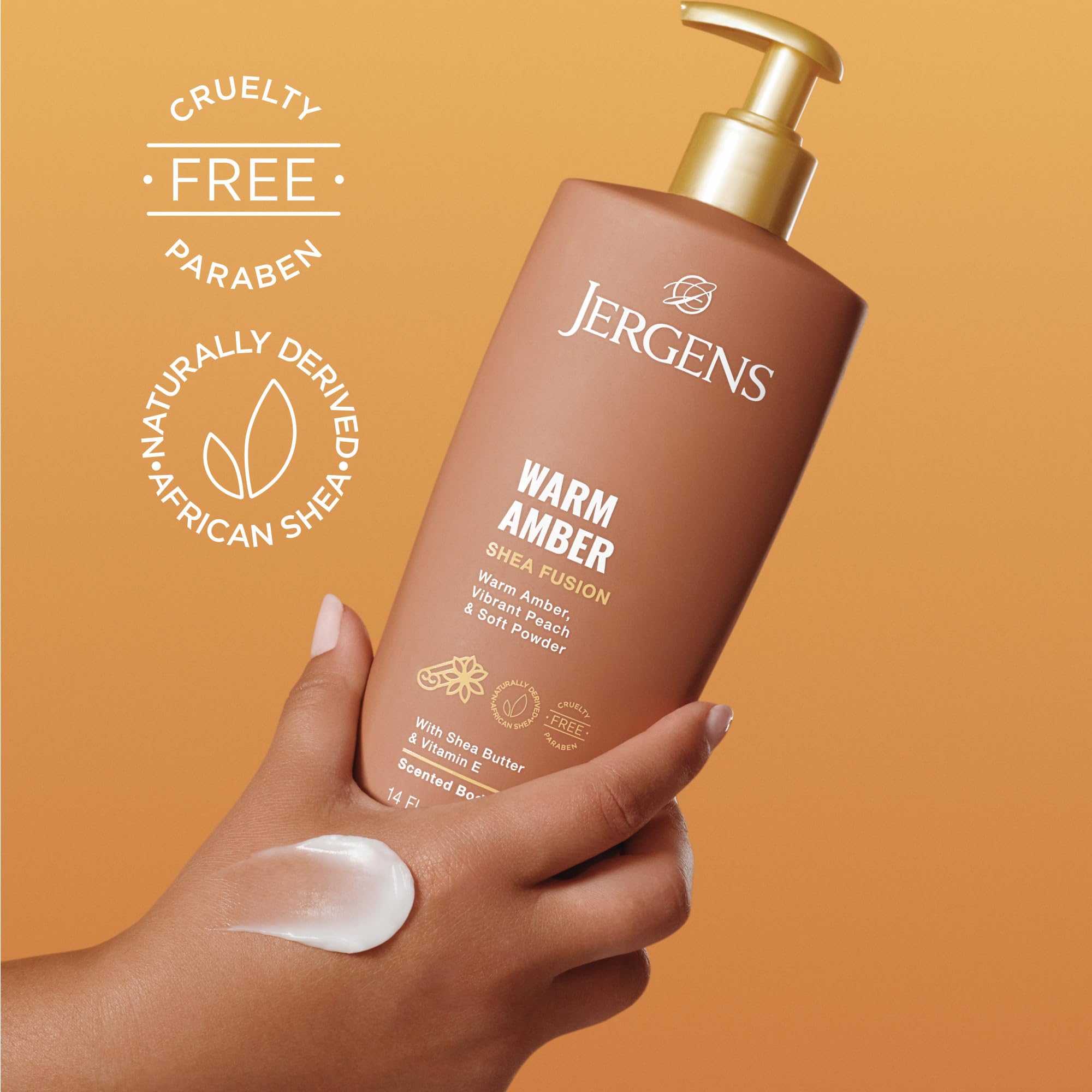 Angled view of the Jergens Warm Amber body lotion bottle emphasizing the product design and labels.