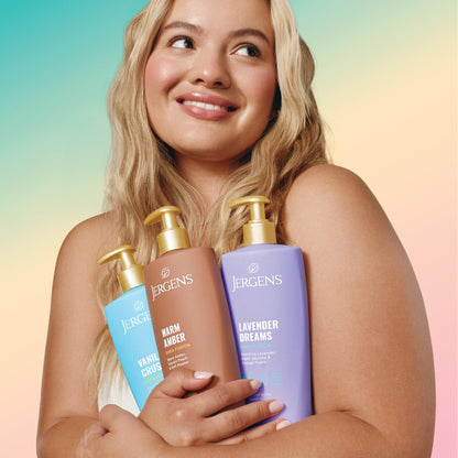 Dermatologist tested Jergens Shea Fusion body moisturizer container displayed against a neutral background.