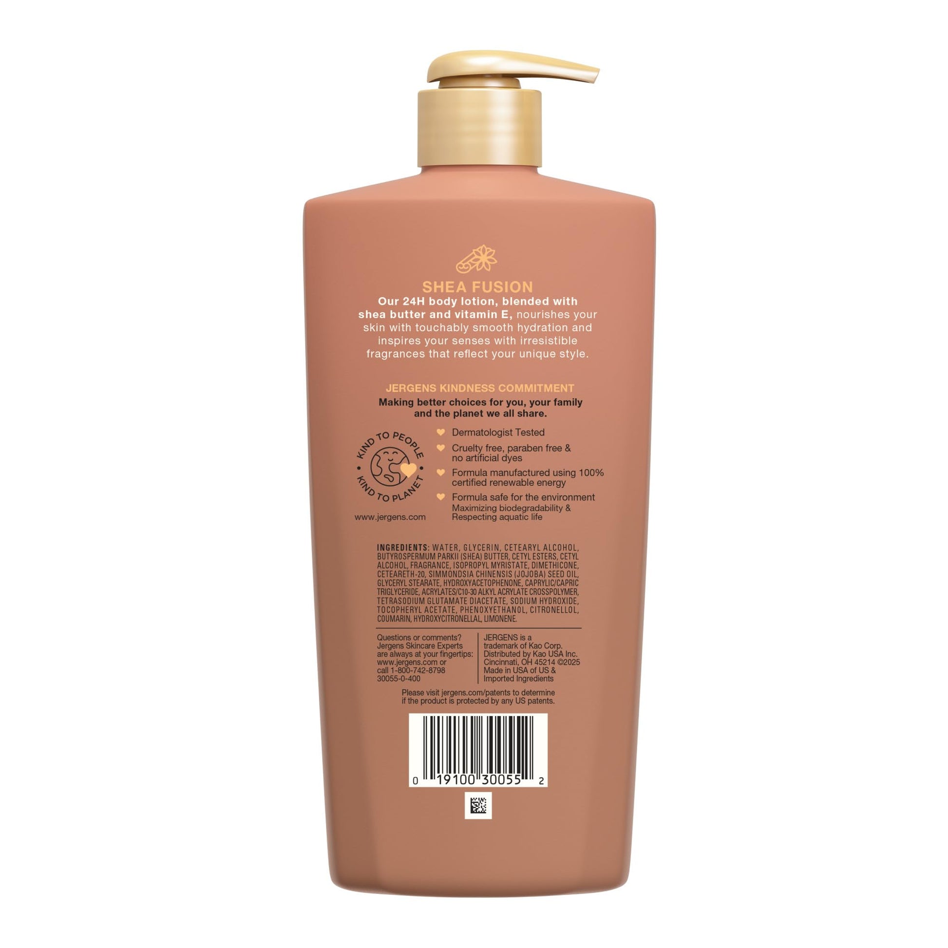 Full packaging view of Jergens Shea Fusion Warm Amber lotion illustrating the key ingredients icons.