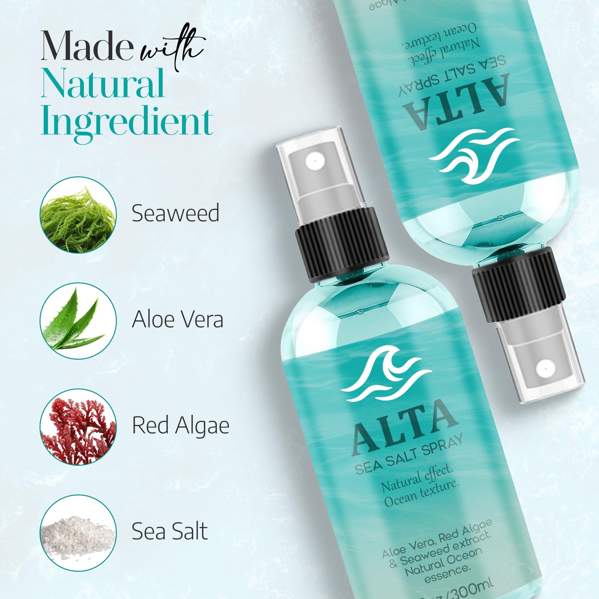 Natural hold sea salt hair spray bottle displaying product directions