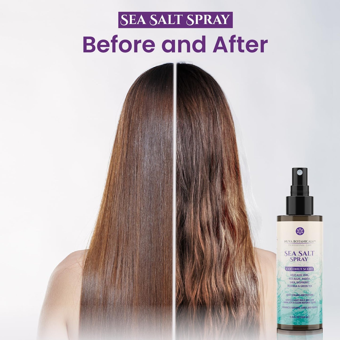 Side view of Nuva Botanicals 8.8 fluid ounce sea salt hair spray.