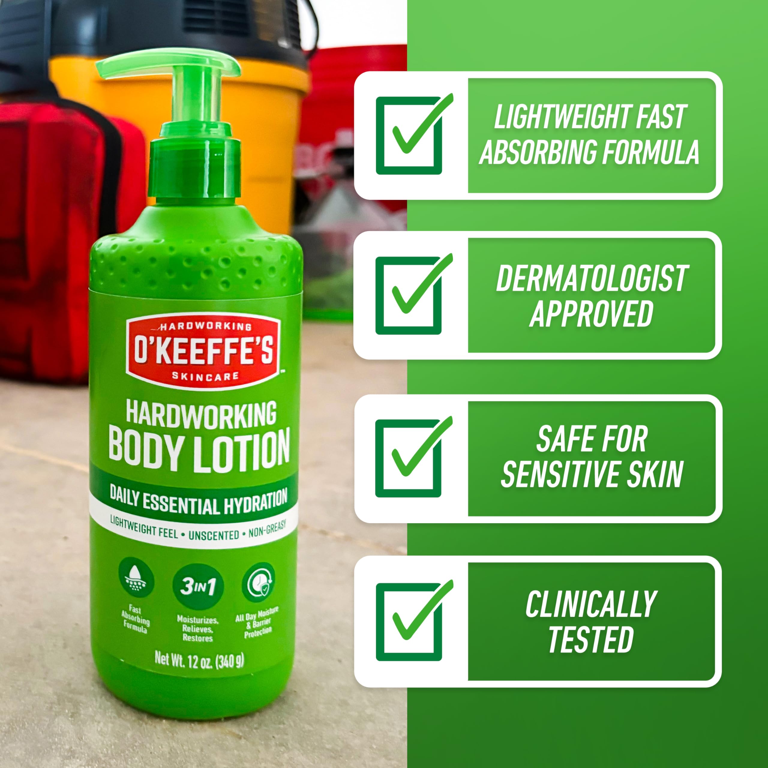 O'Keeffe's fragrance free body lotion bottle label with product features
