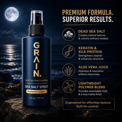 Dead Sea salt infused hair mist for men grooming close up view