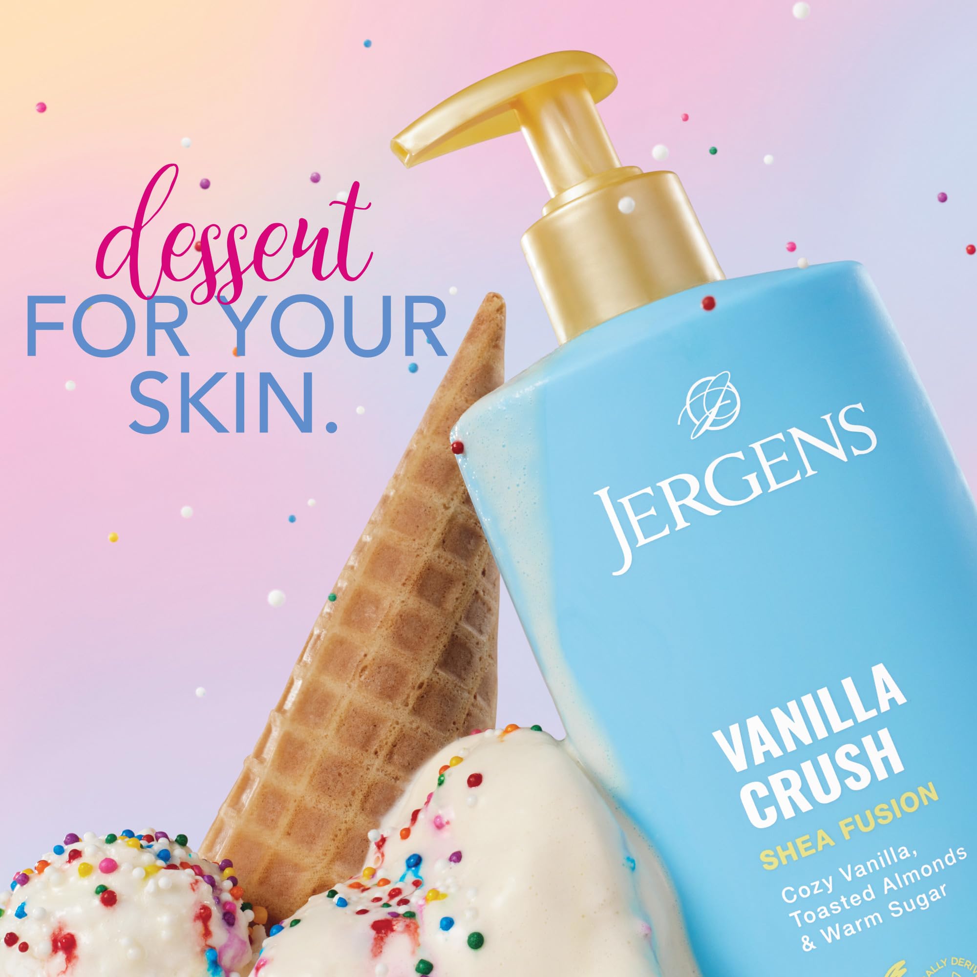 Jergens Vanilla Crush moisturizing body lotion bottle showcasing product details and key ingredients