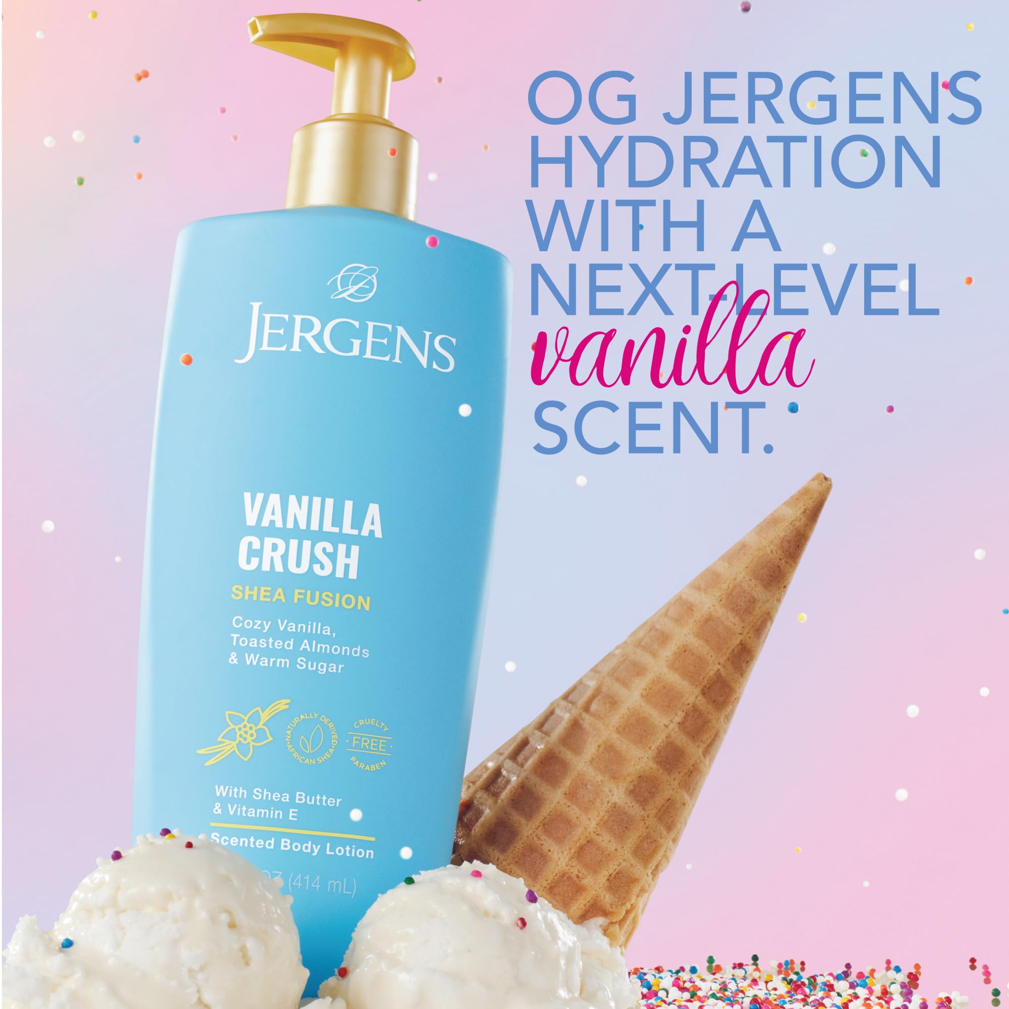 Back label of Jergens Vanilla Crush Shea Fusion showing dermatologist-tested claim and directions