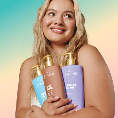 Jergens Vanilla Crush body lotion placed on a vanity representing luxury imported personal care