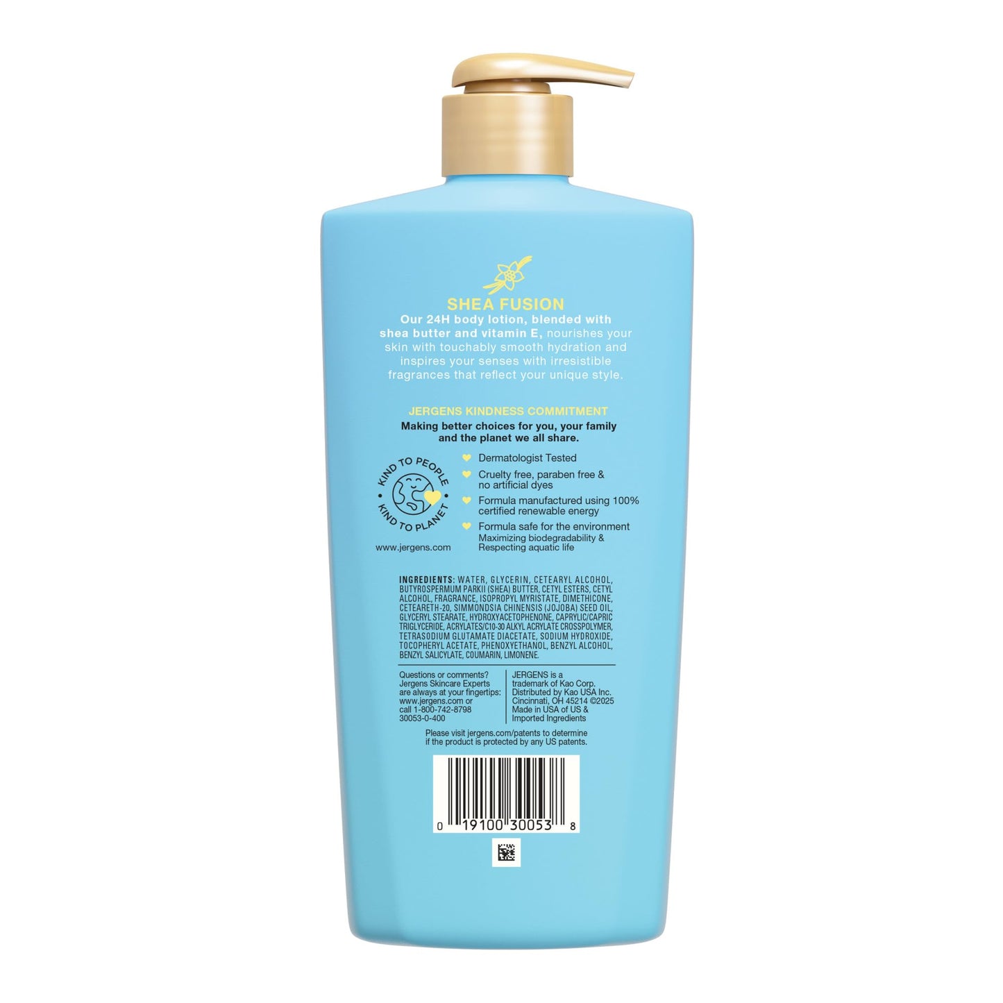 Authentic imported Jergens body moisturizer bottle highlighting the paraben free and cruelty free labels