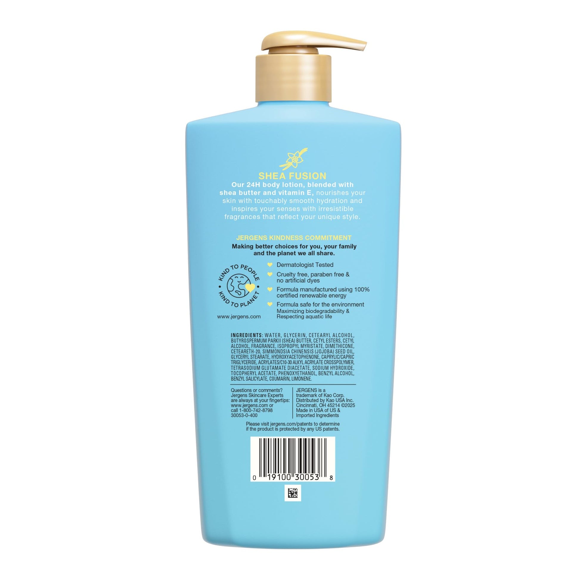 Authentic imported Jergens body moisturizer bottle highlighting the paraben free and cruelty free labels