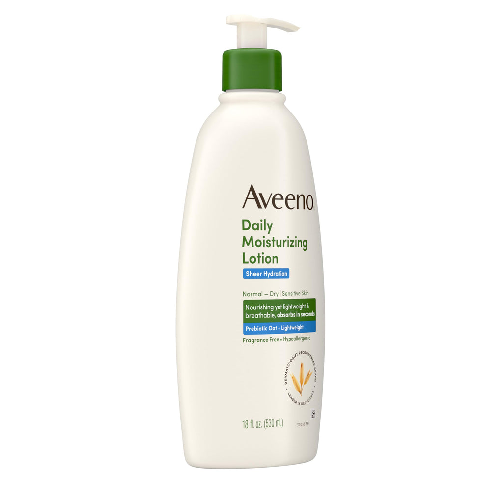 Aveeno Sheer Hydration eighteen fluid ounce bottle back packaging