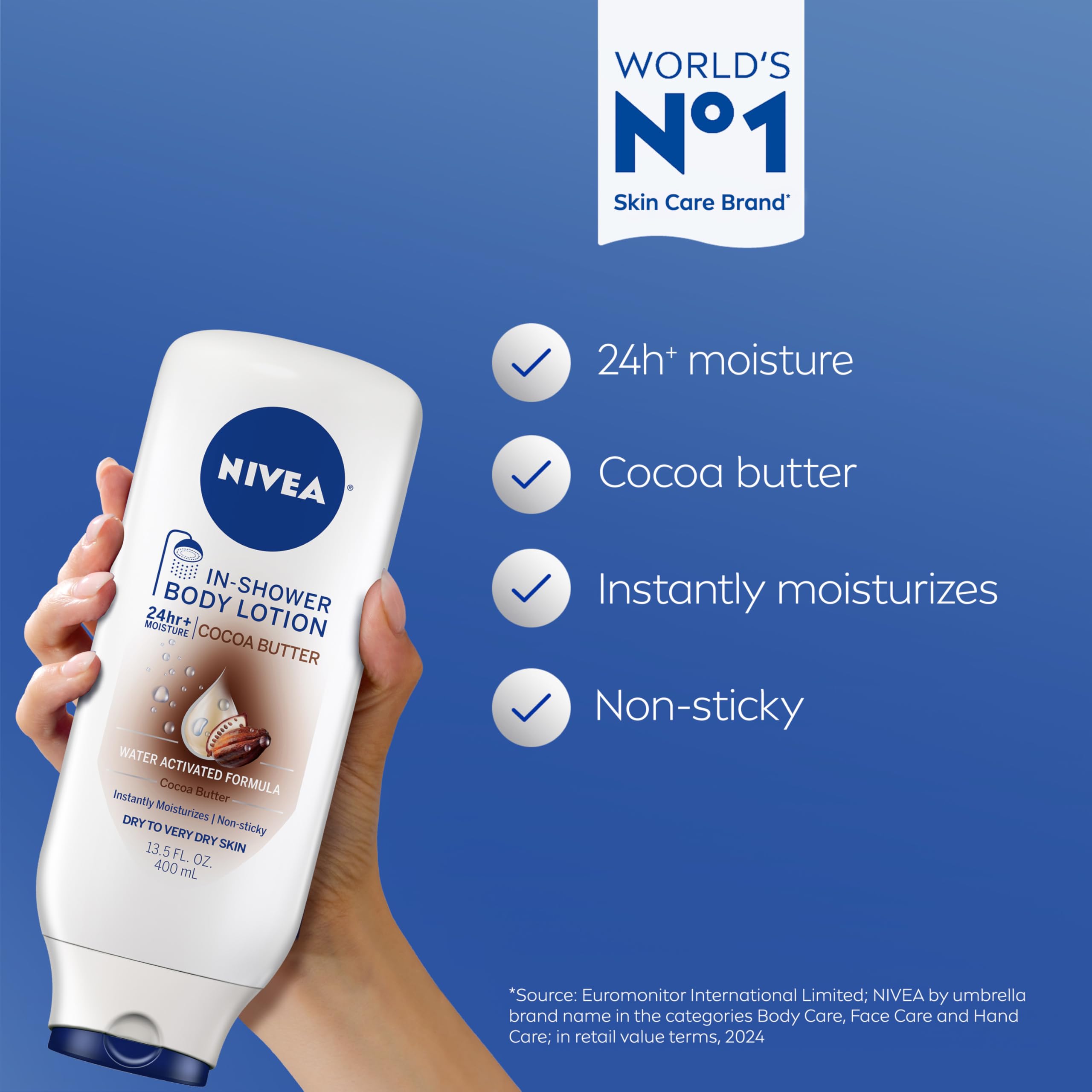 Nivea In-Shower body lotion bottle showing cocoa butter ingredients