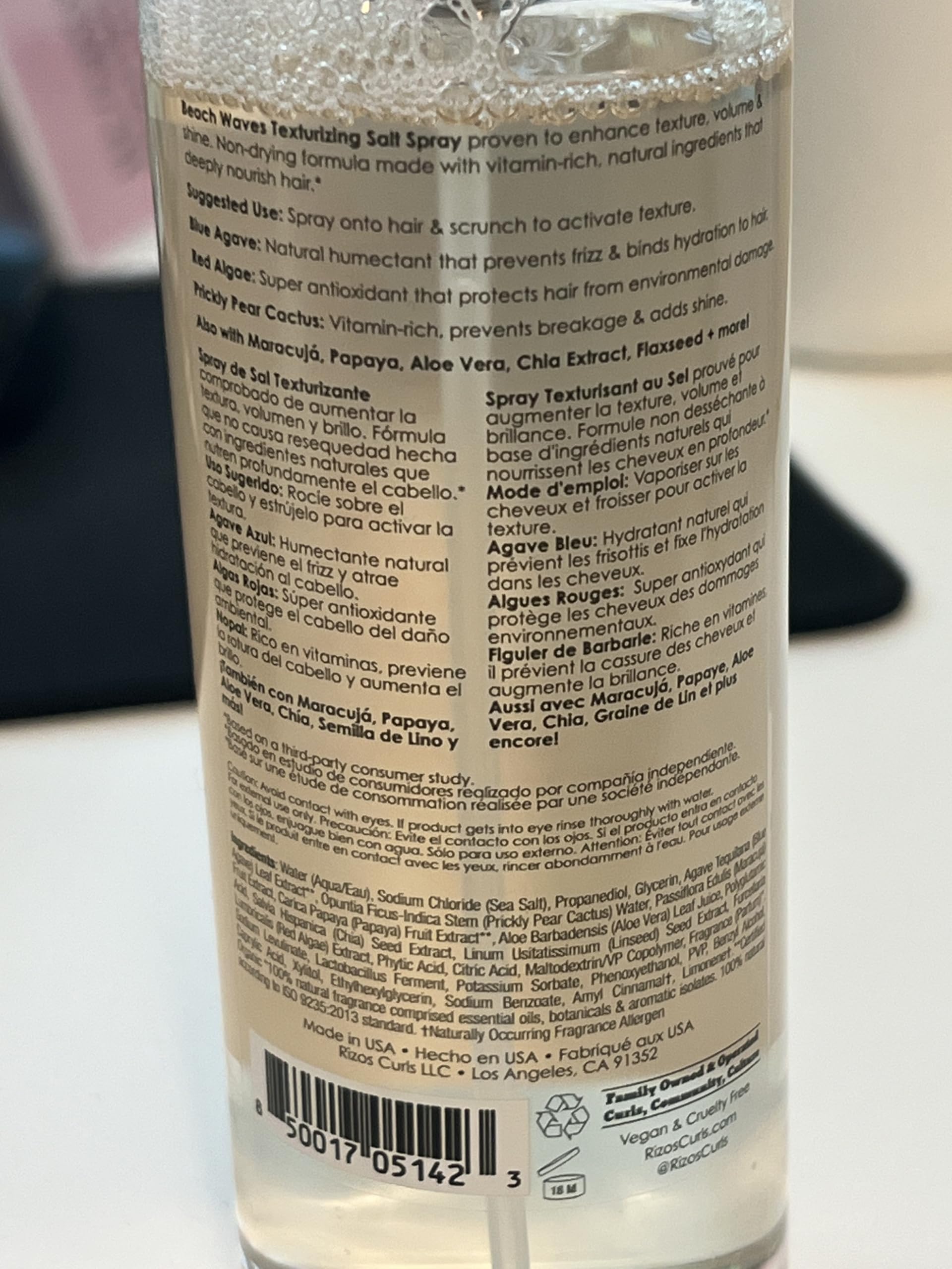 Imported Rizos Curls texturizing salt spray for frizz control bottle shot