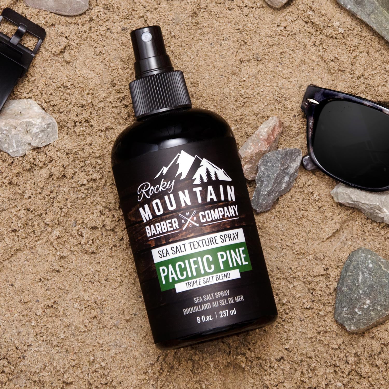 Rocky Mountain Barber Company styling spray showing pump nozzle