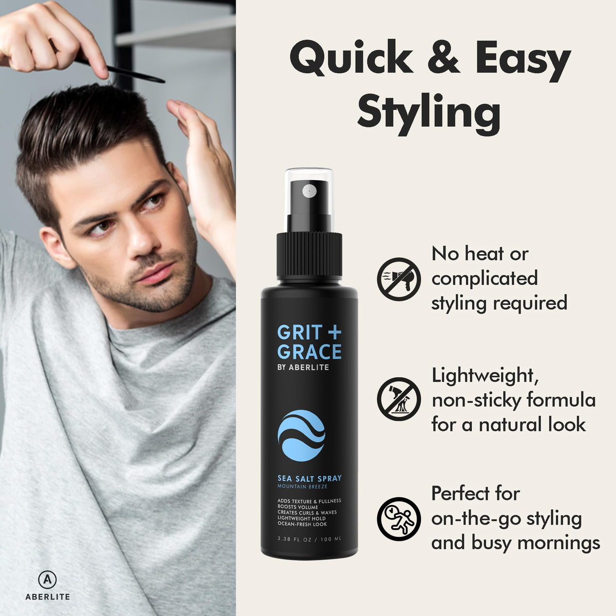 Aberlite matte finish sea salt hair spray packaging details