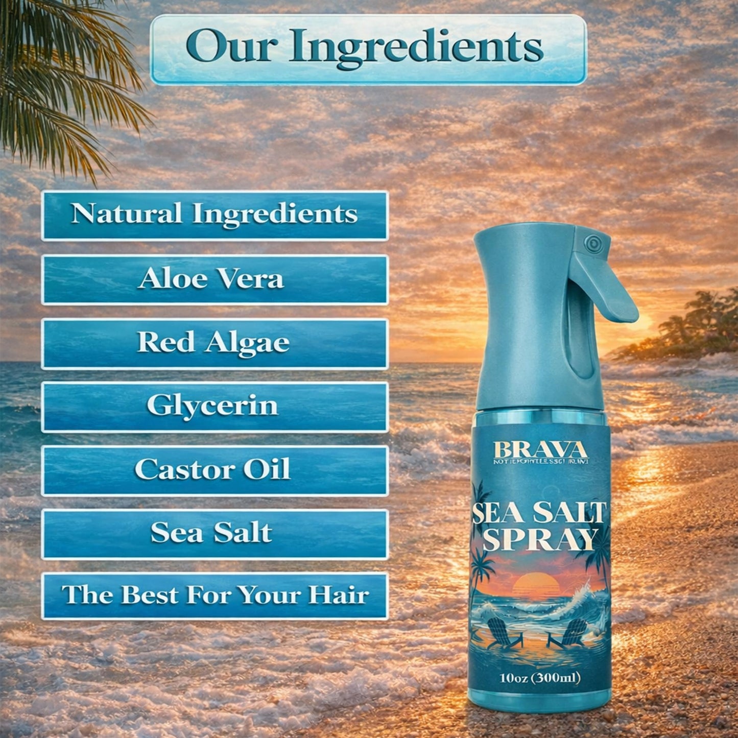 Model demonstrating beach hair style with Brava salt spray