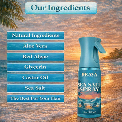 Model demonstrating beach hair style with Brava salt spray