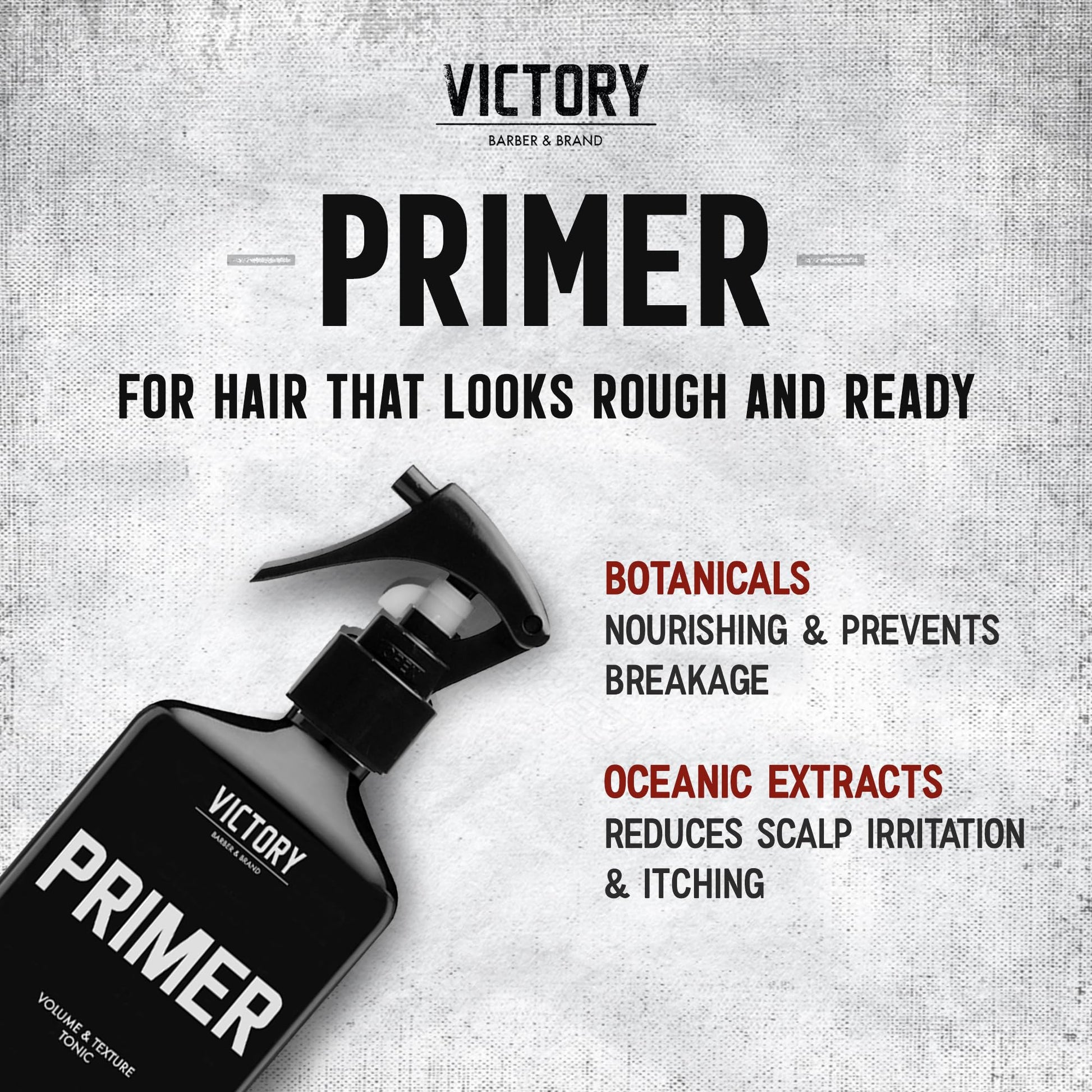 Side view of 250 milliliter Primer hair thickening spray bottle