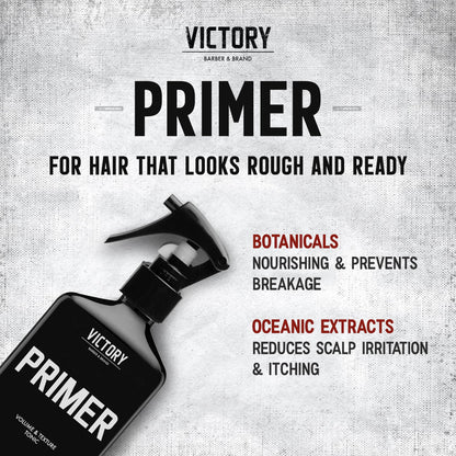 Side view of 250 milliliter Primer hair thickening spray bottle