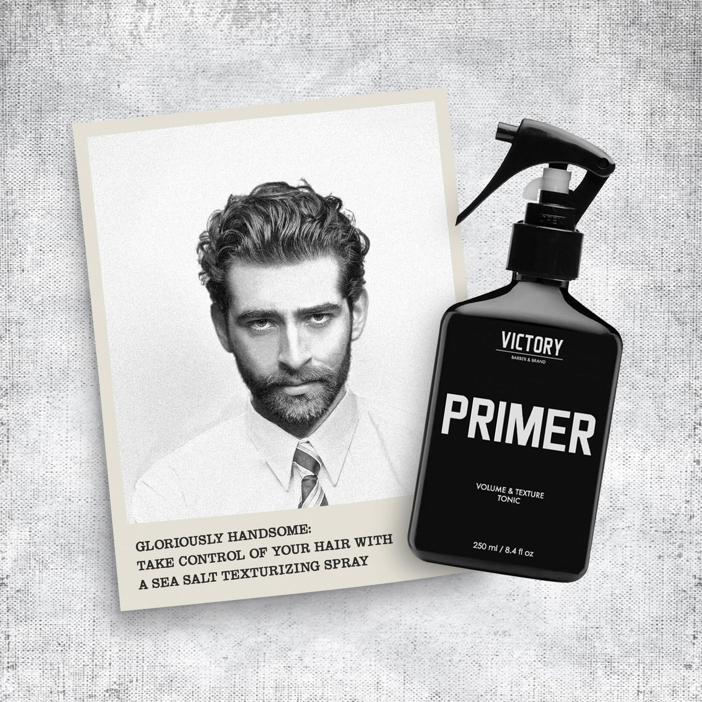 Victory Barber And Brand Primer spray in lifestyle grooming setting