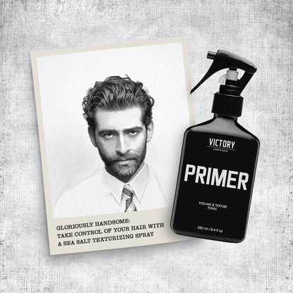Victory Barber And Brand Primer spray in lifestyle grooming setting