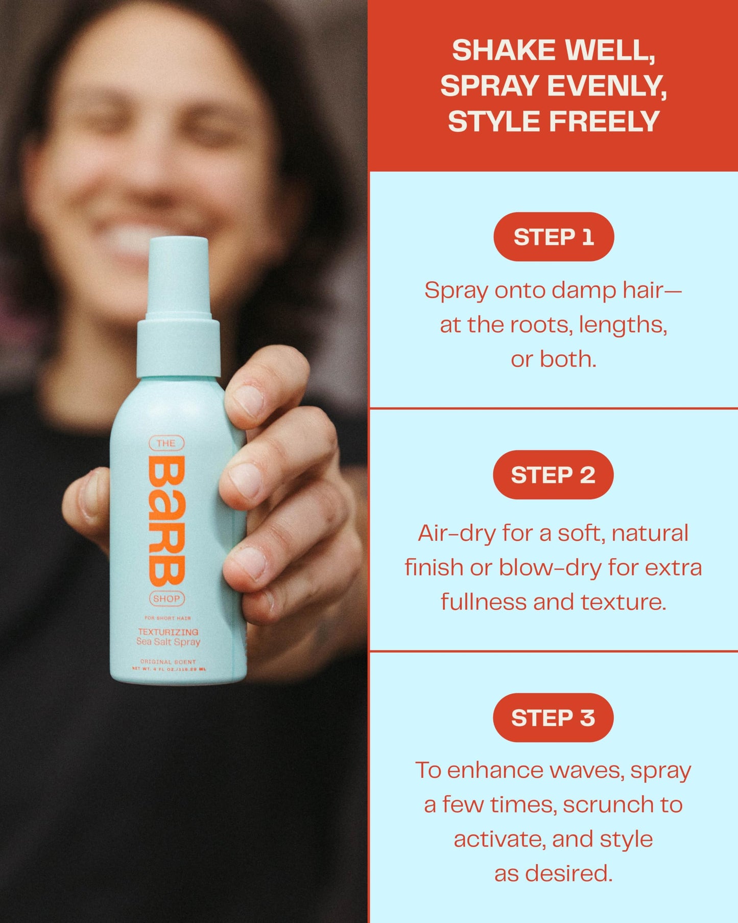 The Barb Shop texturizing hair mist bottle showing application directions
