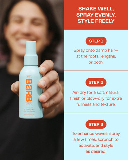 The Barb Shop texturizing hair mist bottle showing application directions