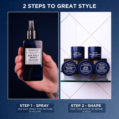 Close up of Murdock London professional sea salt styling spray