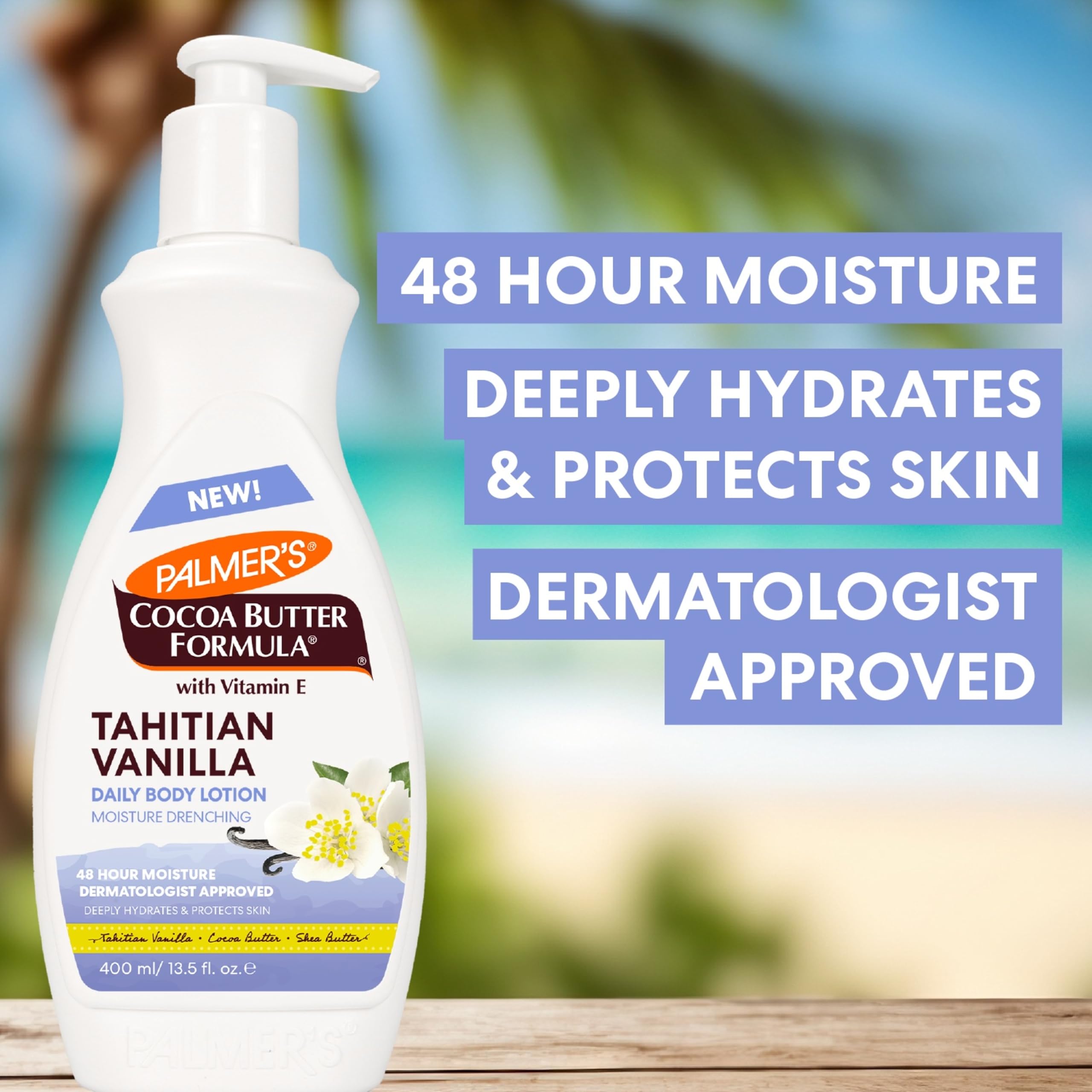 Side angle view highlighting the 13.5 ounce bottle size and dermatologist approved product certification badge