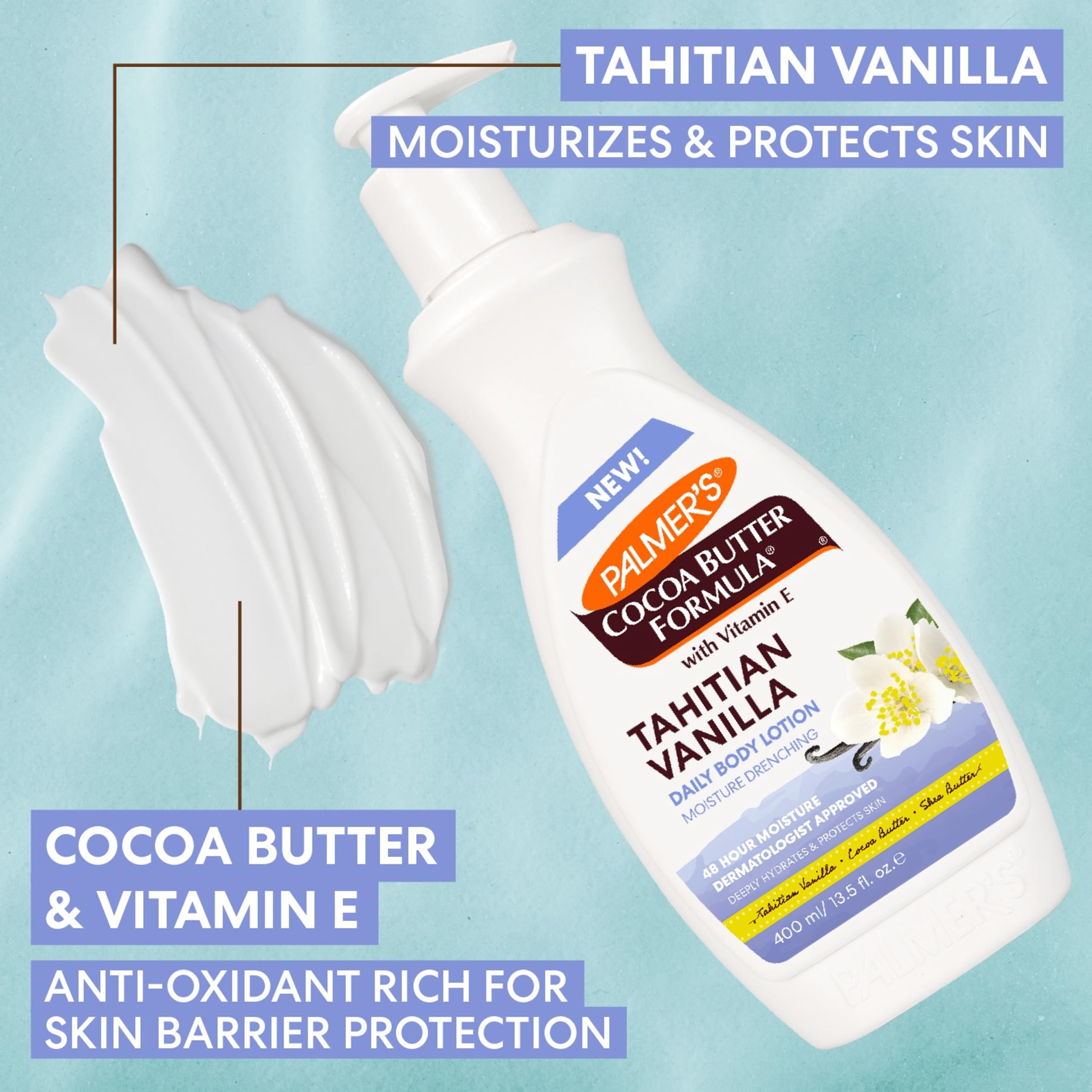 Rich texture display of the white cocoa butter lotion next to the product container