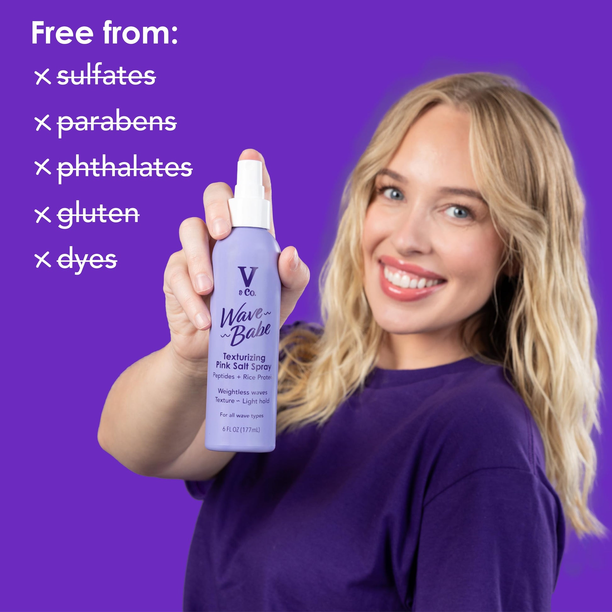 Himalayan pink salt hair mist by V&Co. Beauty for frizz free beach waves
