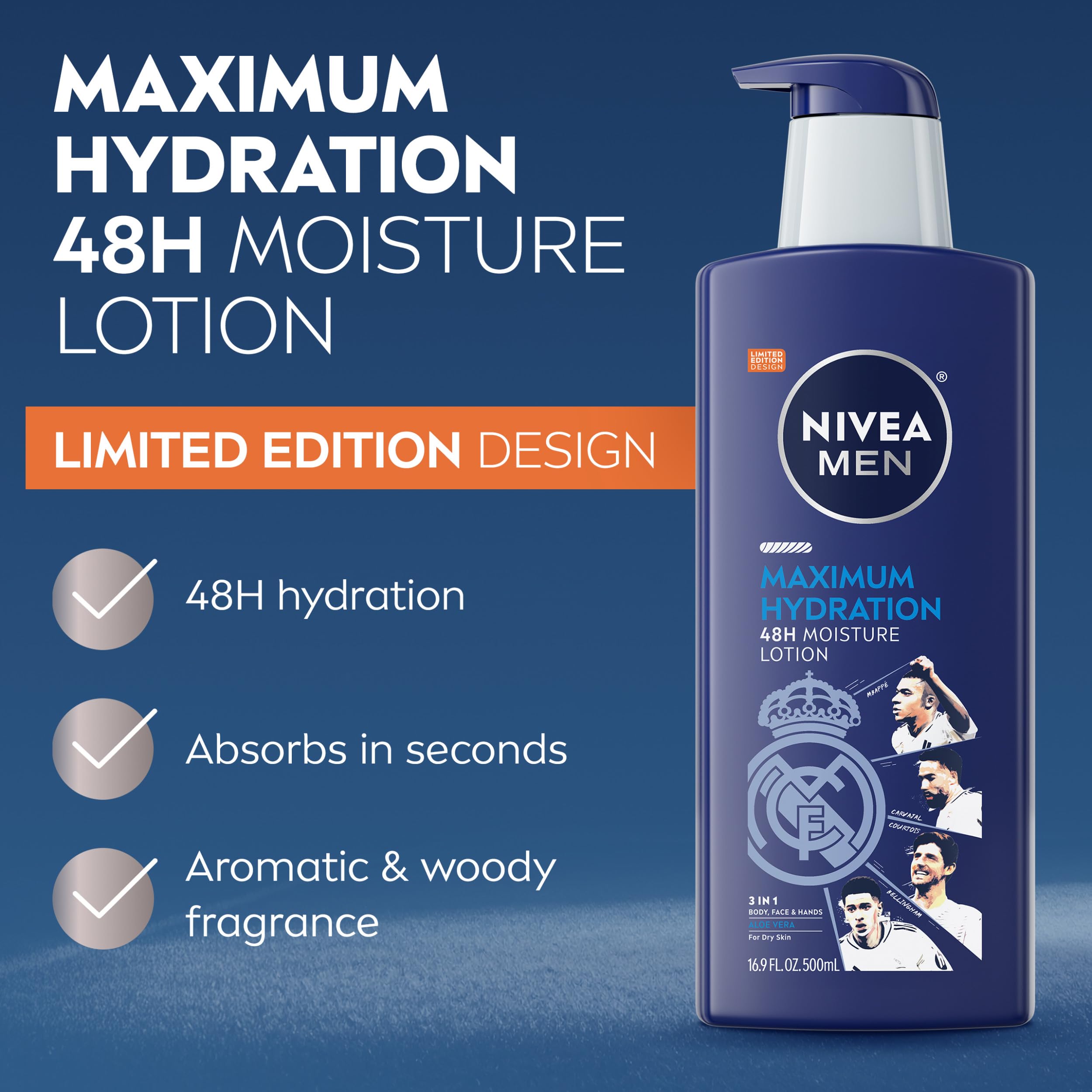 Side profile of Nivea Men Maximum Hydration 16.9 Fluid Ounce bottle