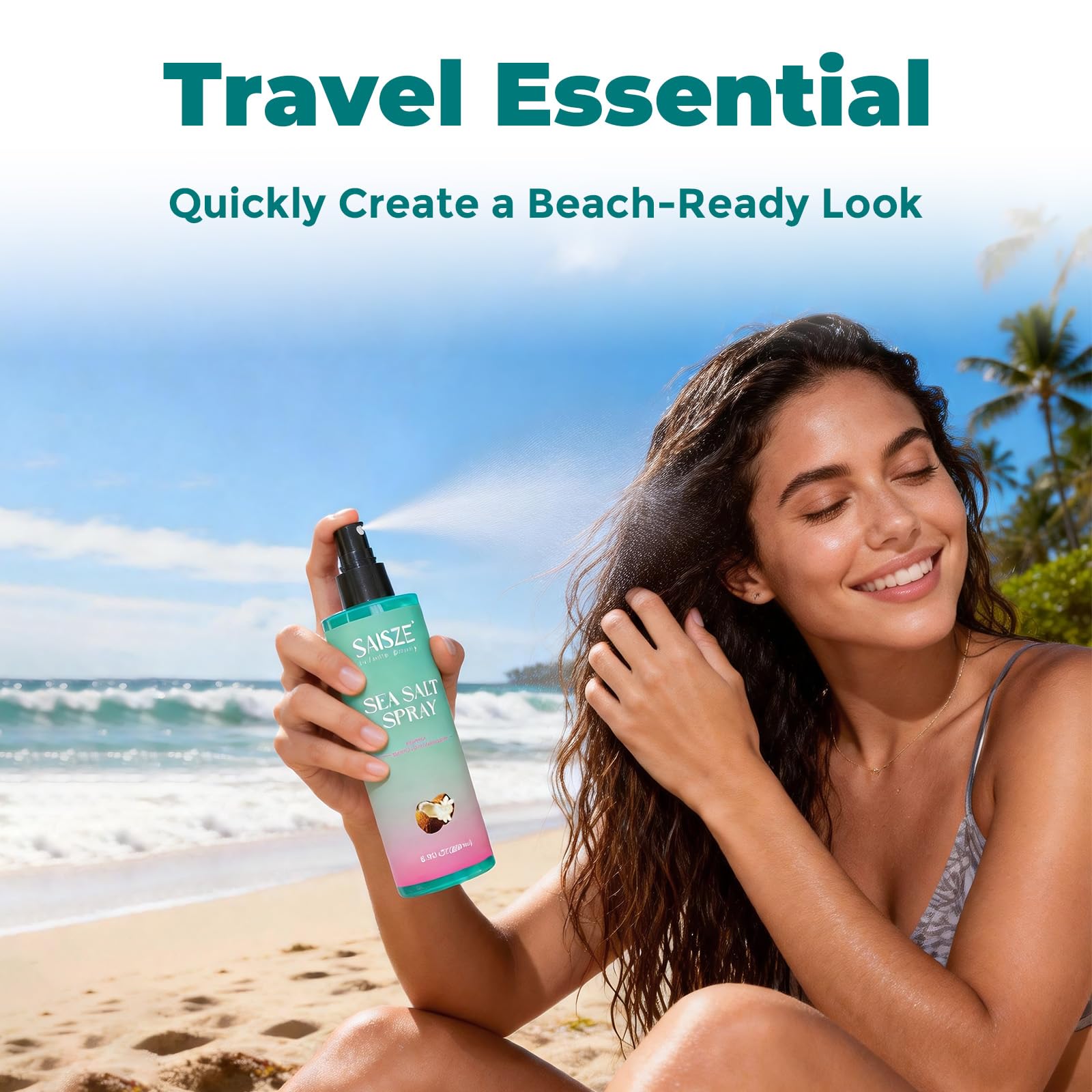 SAISZE Coconut Surf texturizing spray bottle showing ingredients