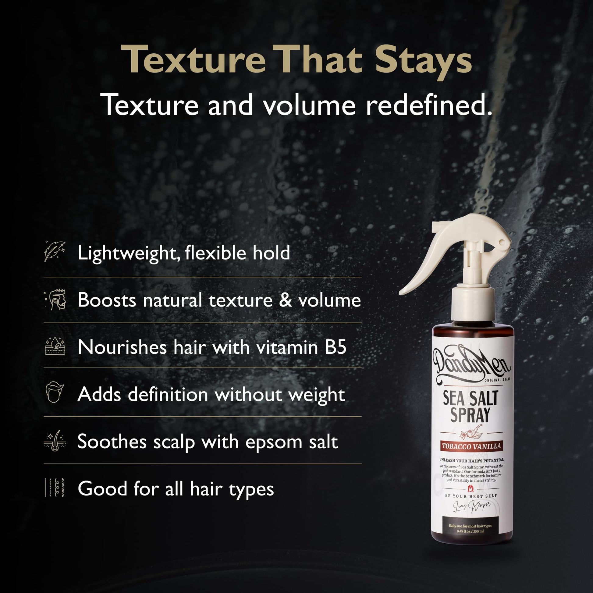 DandyMen Tobacco Vanilla hair spray bottle showcasing the premium packaging design.
