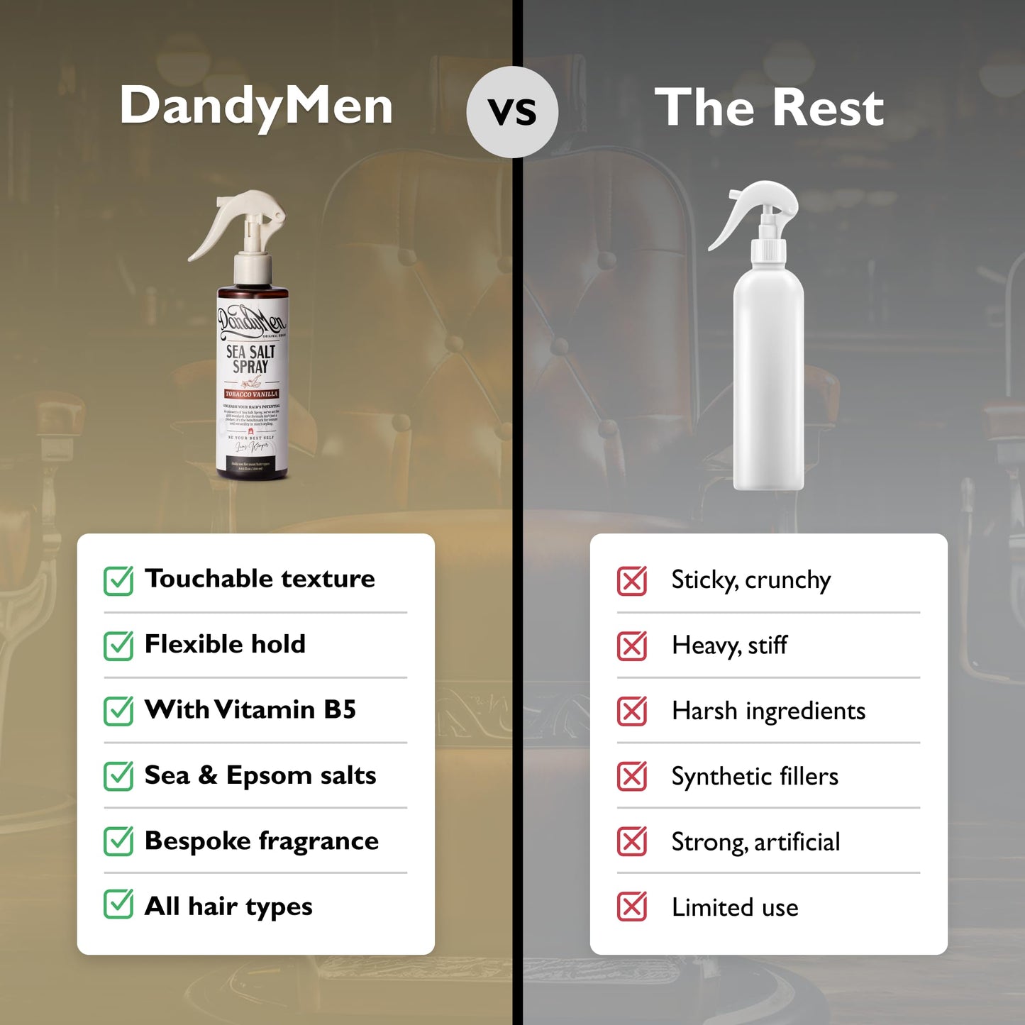 Volumizing hair texture spray by DandyMen highlighting the key ingredients Epsom salt and Pro-Vitamin B5.