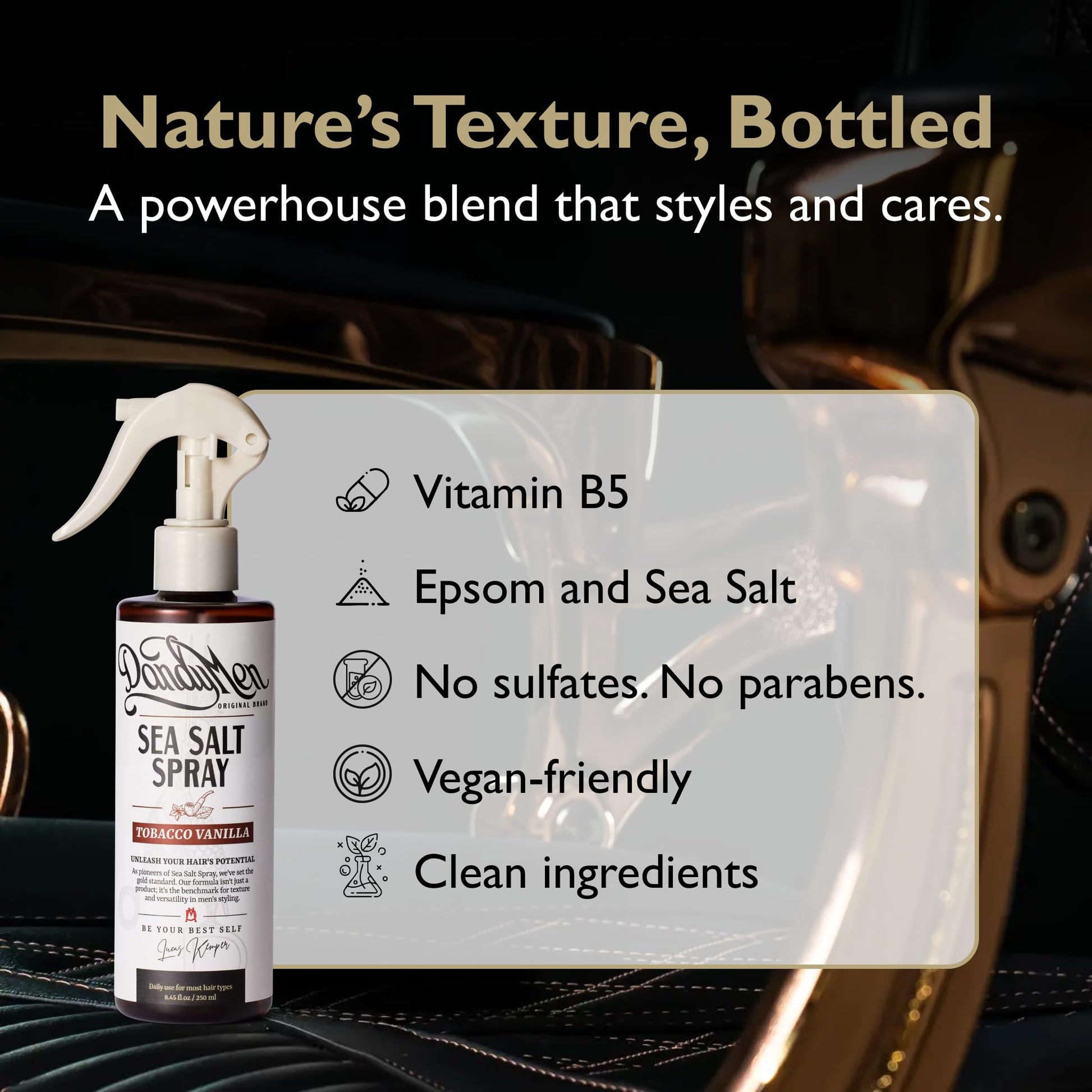 Back label of DandyMen Sea Salt Spray detailing the directions for use and product benefits.