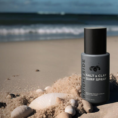 BRIGHTSIDE matte finish hair styling spray product bottle focusing on the kaolin and bentonite clay components