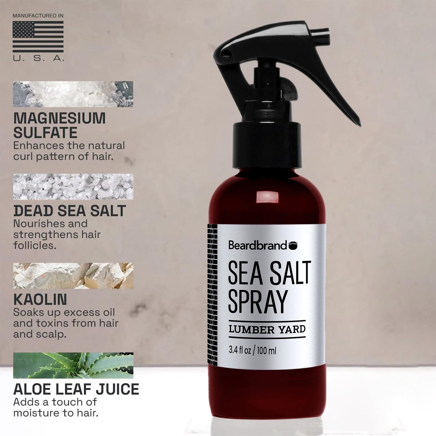 Beardbrand hair texturizing spray Lumber Yard scent label