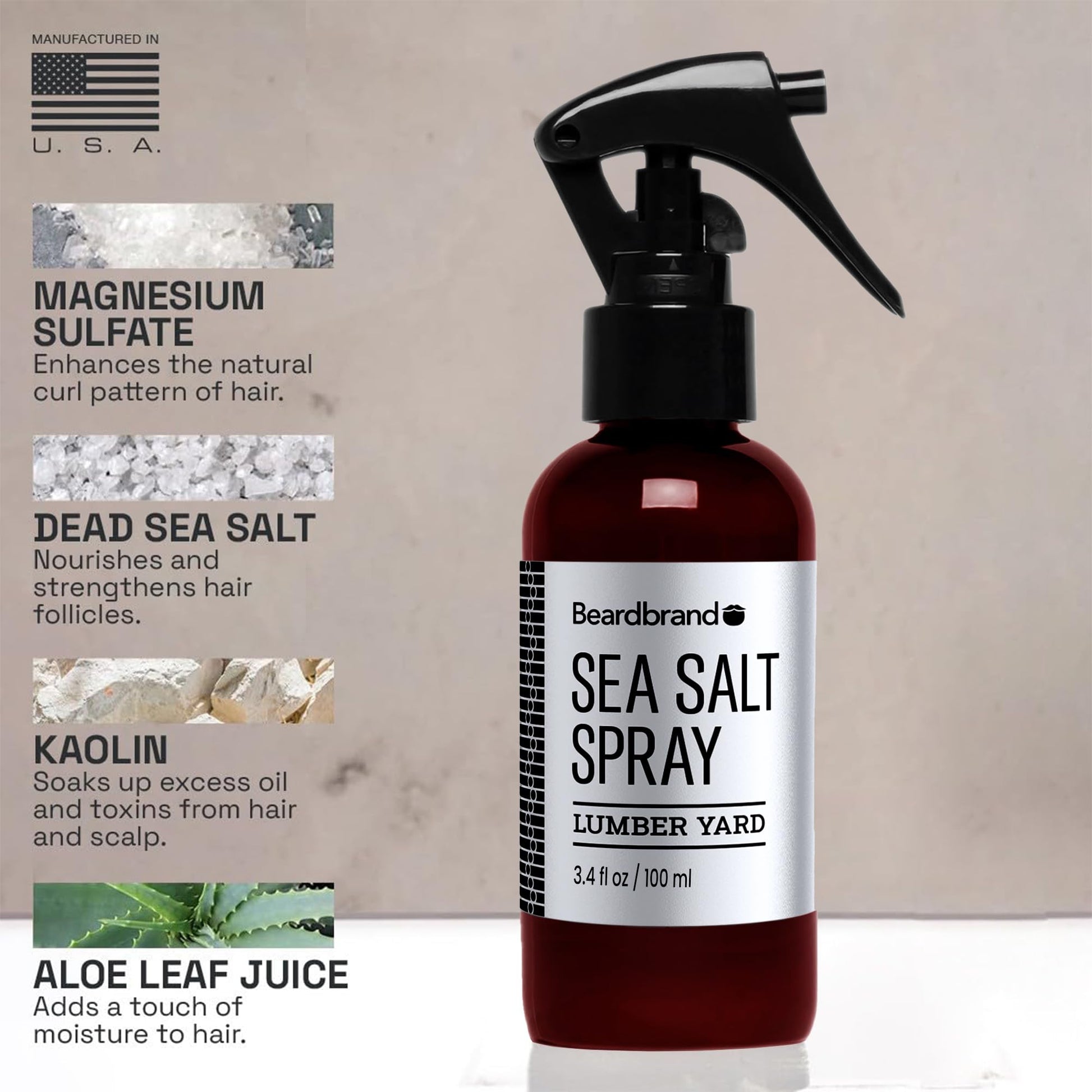 Beardbrand hair texturizing spray Lumber Yard scent label