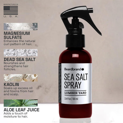 Beardbrand hair texturizing spray Lumber Yard scent label