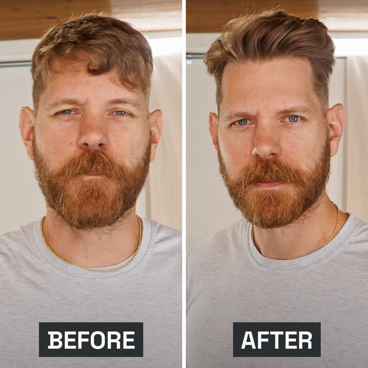 Model applying Beardbrand sea salt spray to hair