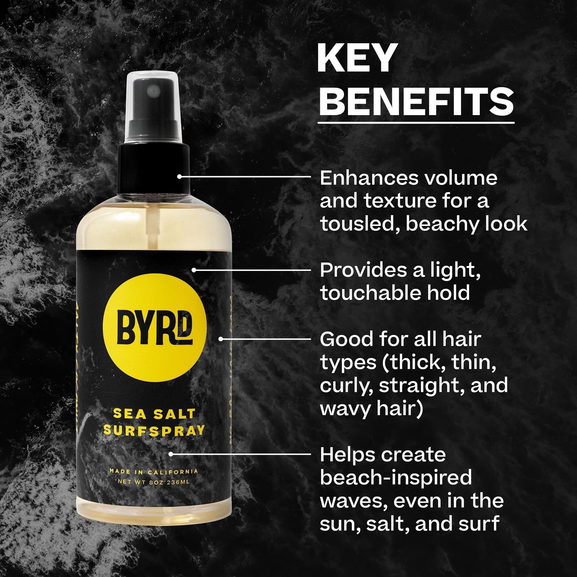 Byrd sea salt spray bottle showing volume and texture benefits