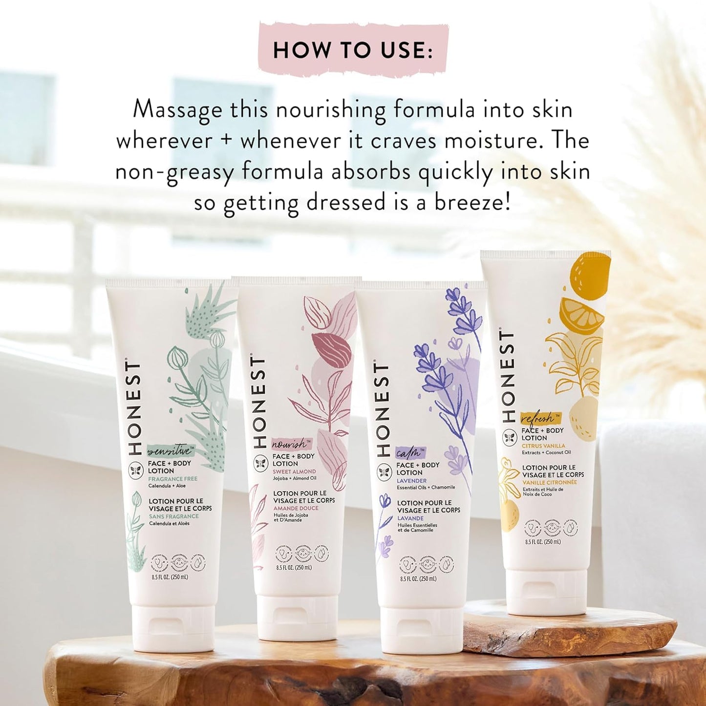 Side view of The Honest Company face and body lotion tube