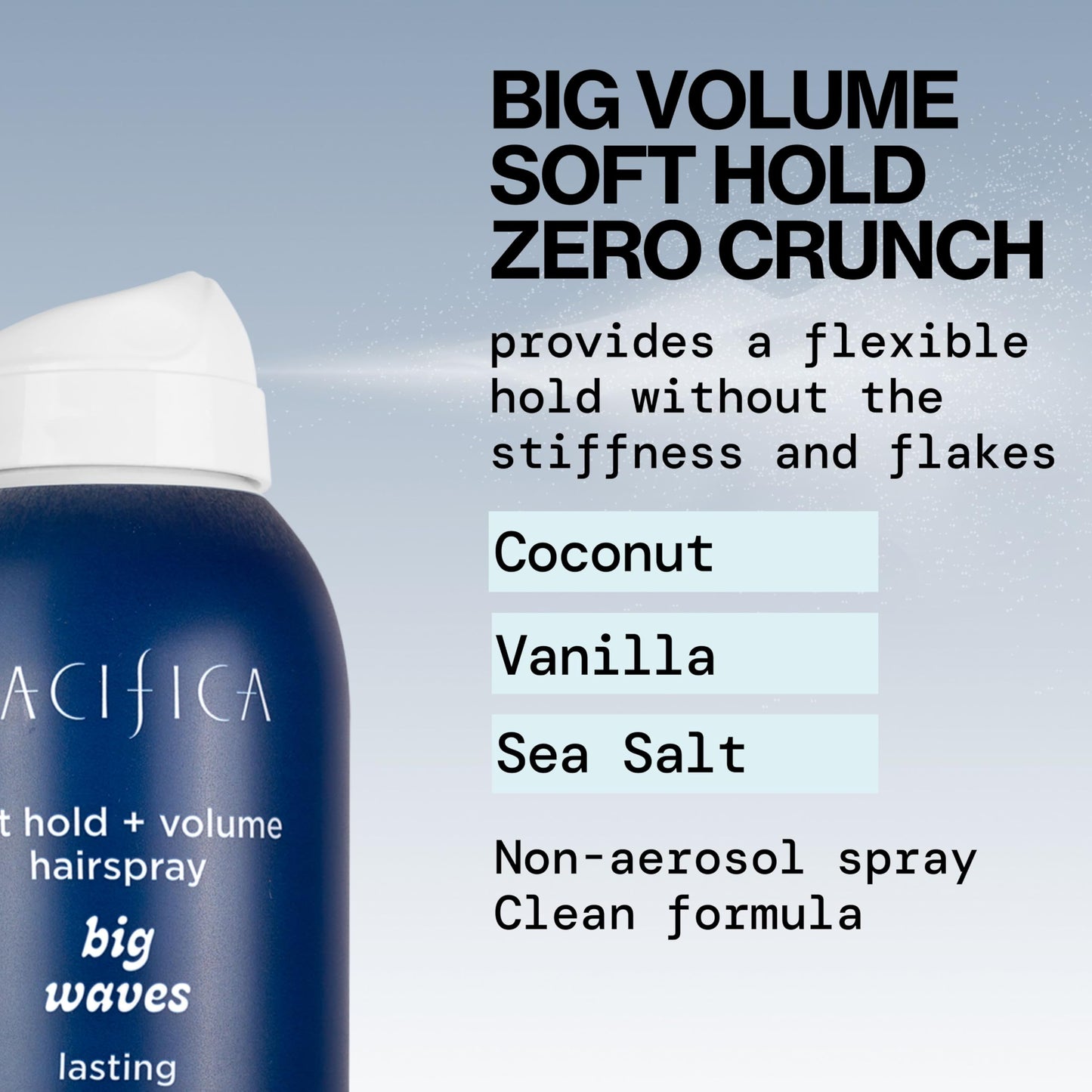 Back of Pacifica Big Waves hairspray bottle showing ingredients