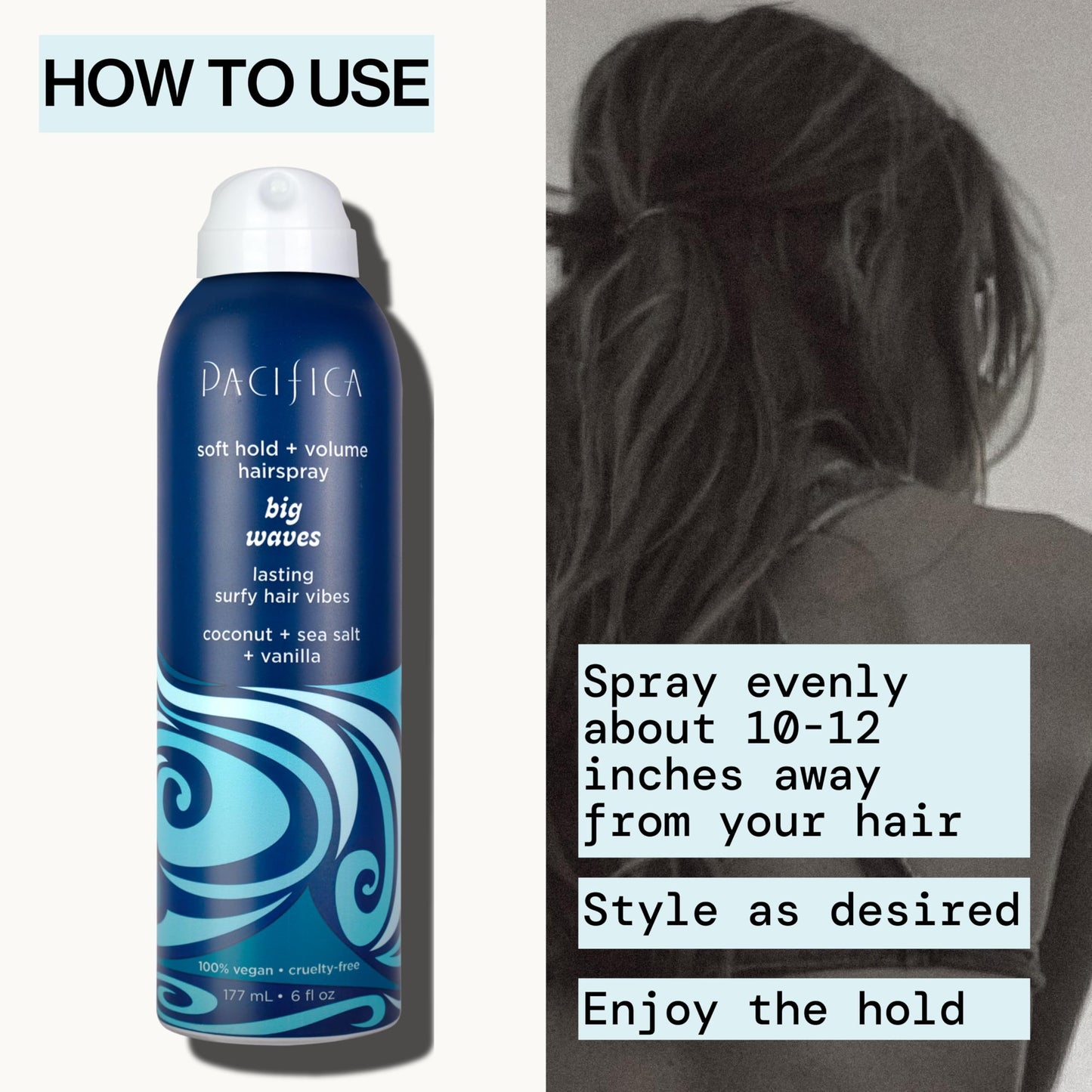 Side profile of Pacifica Big Waves coconut and vanilla hairspray
