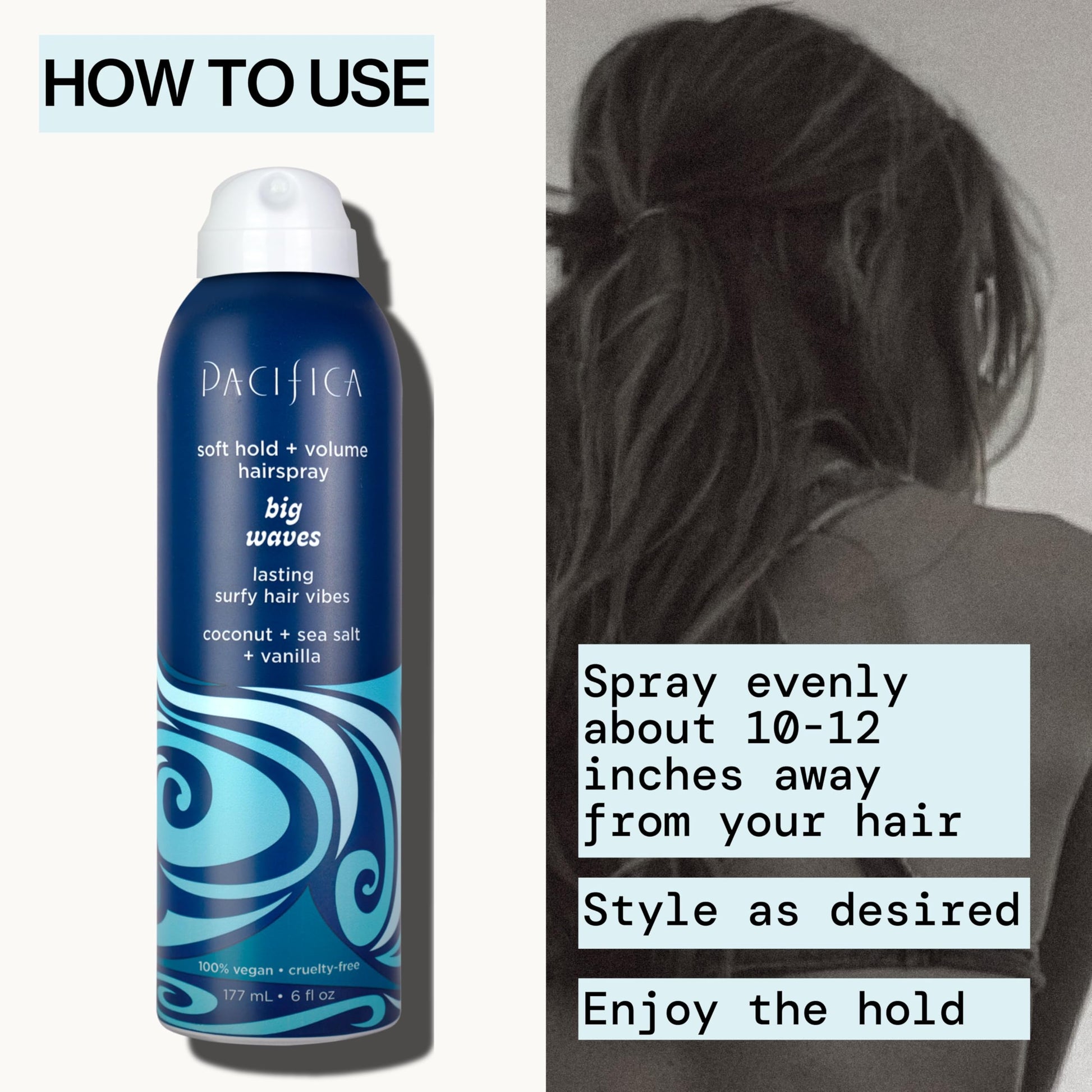 Side profile of Pacifica Big Waves coconut and vanilla hairspray