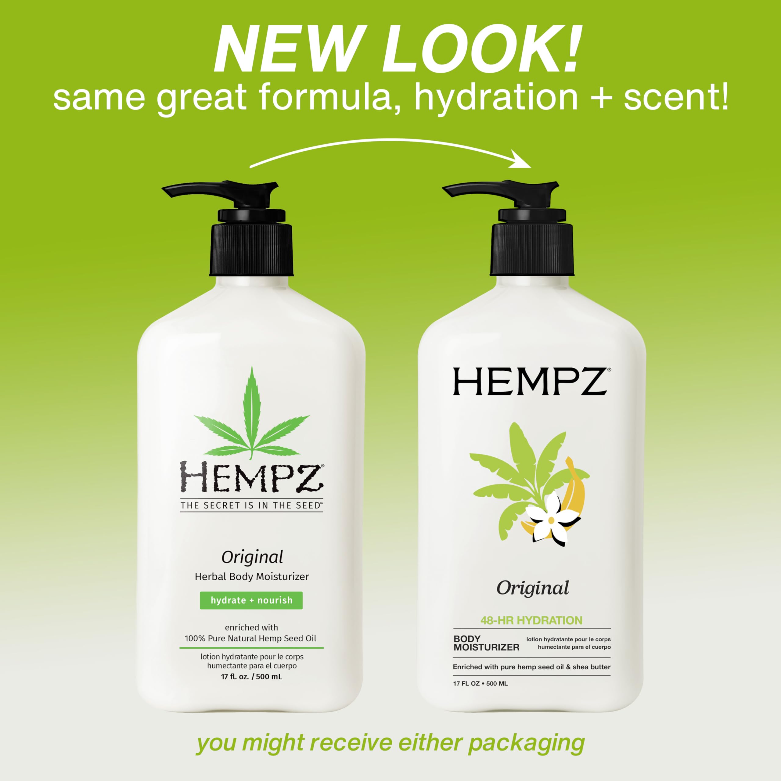 Back label of Hempz Original Natural Hemp Seed Oil Body Moisturizer showing ingredients