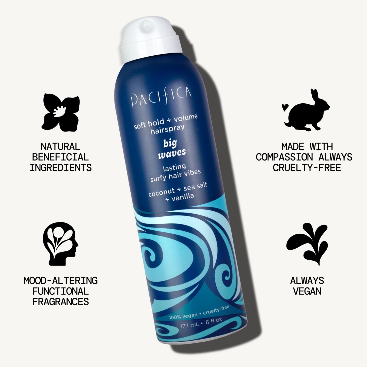 Lifestyle shot of Pacifica Big Waves hairspray for wavy hair